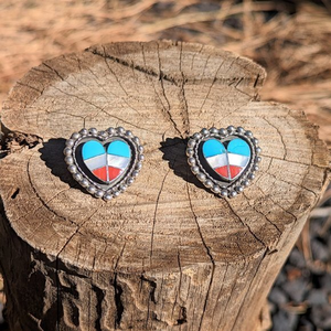 Zuni Heart Shaped Earrings, Sterling Silver Multi Stones Handmade Jewelry ***‎